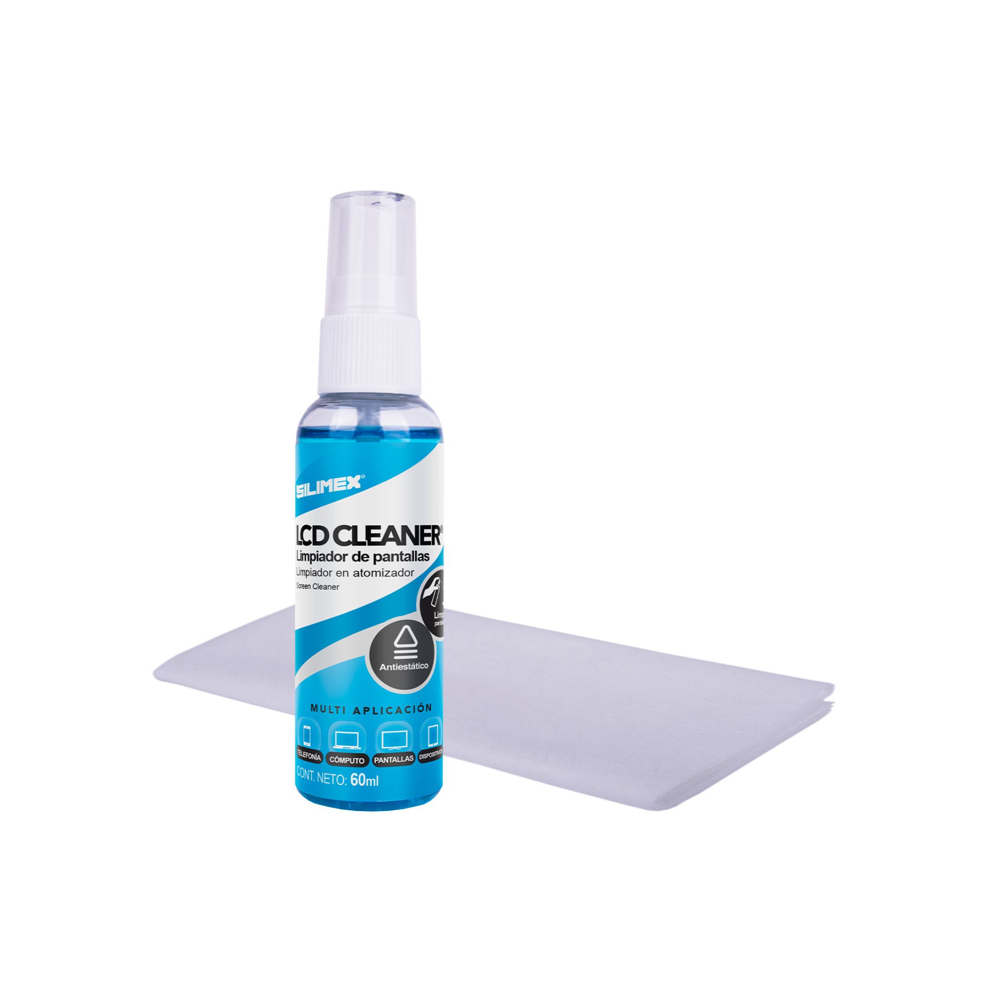 Kit para Limpieza de Pantallas, Silimex LCD Cleaner de 60 ML con Microfibra, caja con 12 piezas.